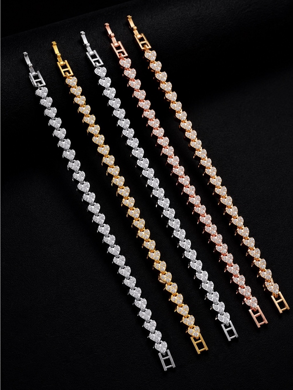 Gold color Heart Link Bracelet with Clear Stones - Picture 2 of 4